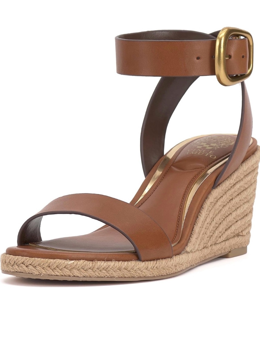 Vince Camuto Brown Leather Ankle-Strap Espadrille Wedge